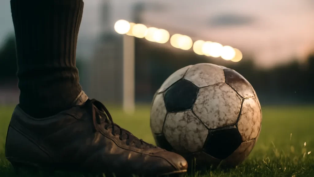 Botas gastadas y balón en césped húmedo, estadio vacío al atardecer