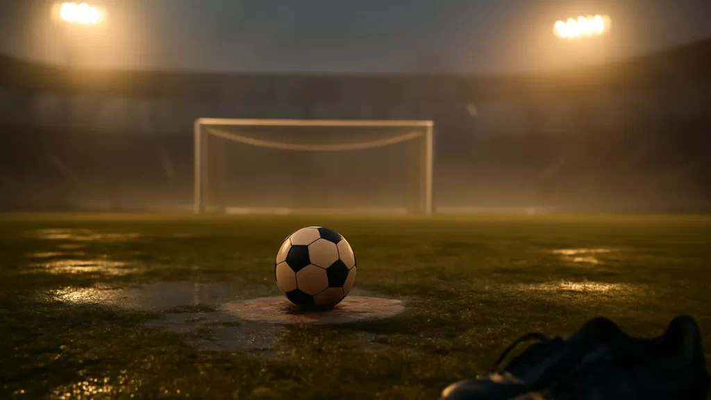 Balón solitario en el punto de penal, césped mojado y gradas vacías.