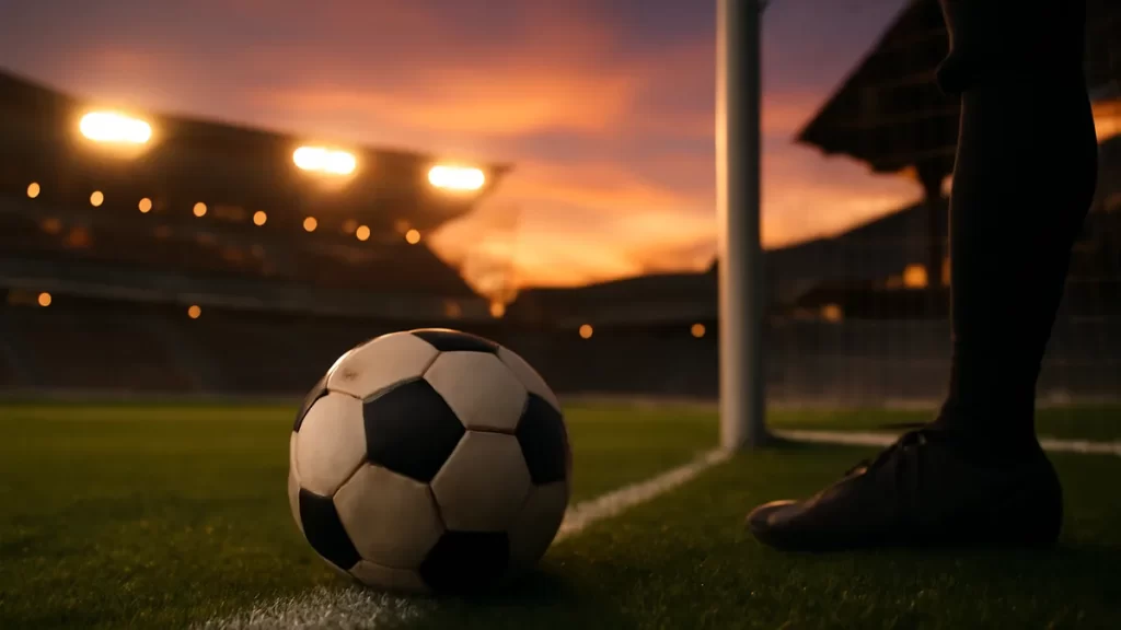 Balón en césped, botas junto a portería y gradas iluminadas