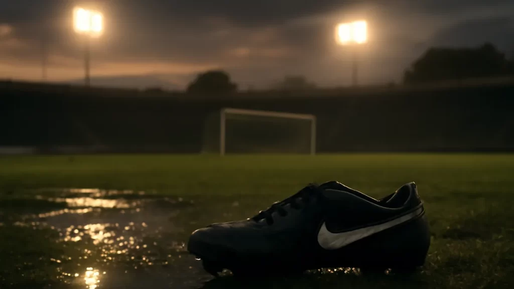 Campo de fútbol vacío al atardecer, bota junto a red reflejada
