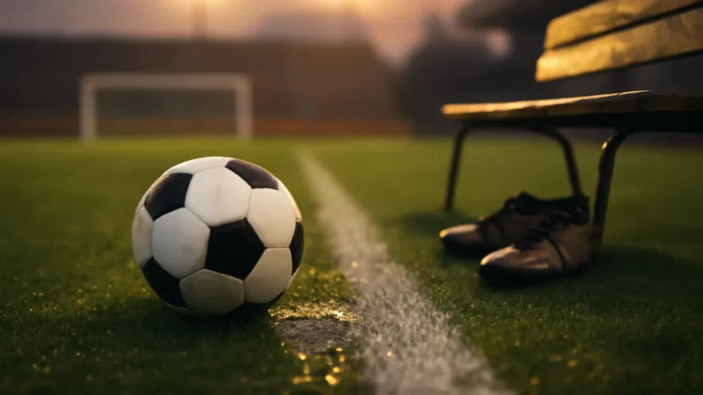 Balón en la banda, botas junto a banco, estadio vacío al atardecer