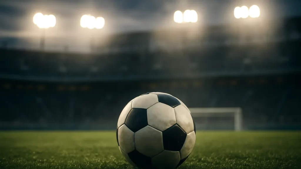 Balón en el círculo central de un estadio vacío al anochecer
