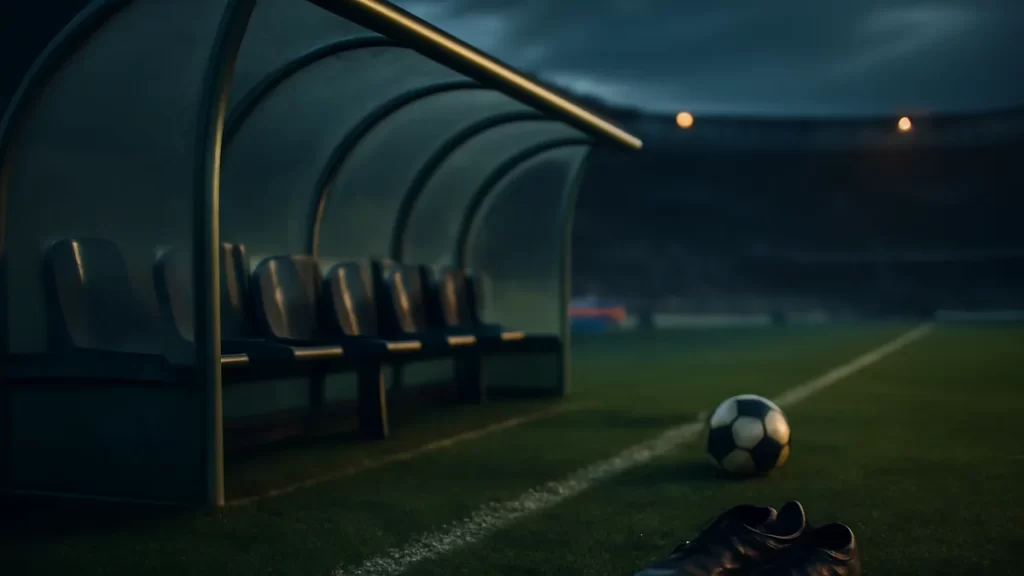 Banquillo vacío, balón en el césped y botas gastadas al atardecer.