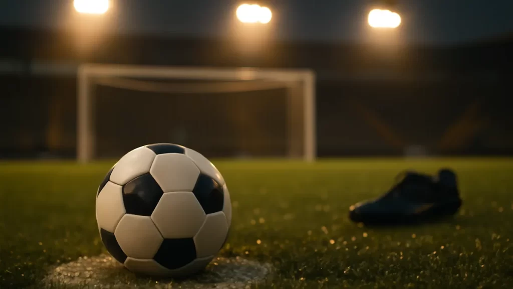 Balón en césped húmedo, portería difuminada y focos de estadio encendidos