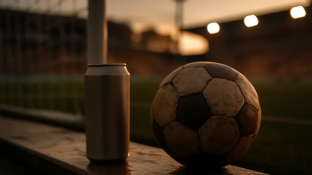 Lata metálica en banquilla junto a balón y red de fondo