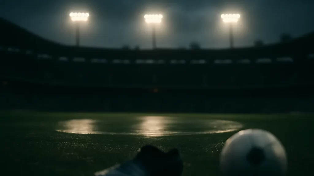Campo vacío al atardecer, balón y botas desenfocados, gradas en sombras.