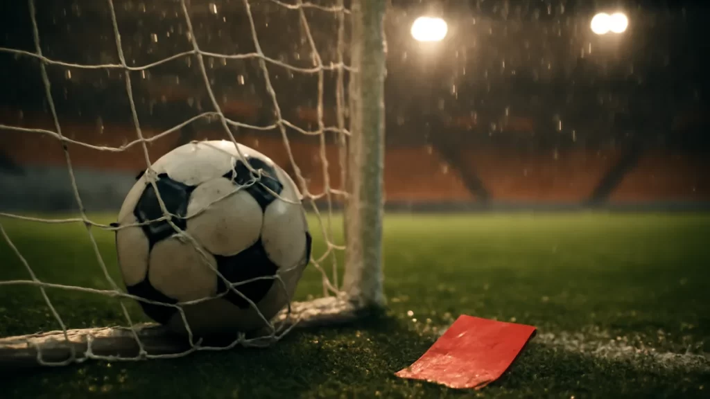 Balón en la red, tarjeta roja en el césped, gradas vacías al fondo.