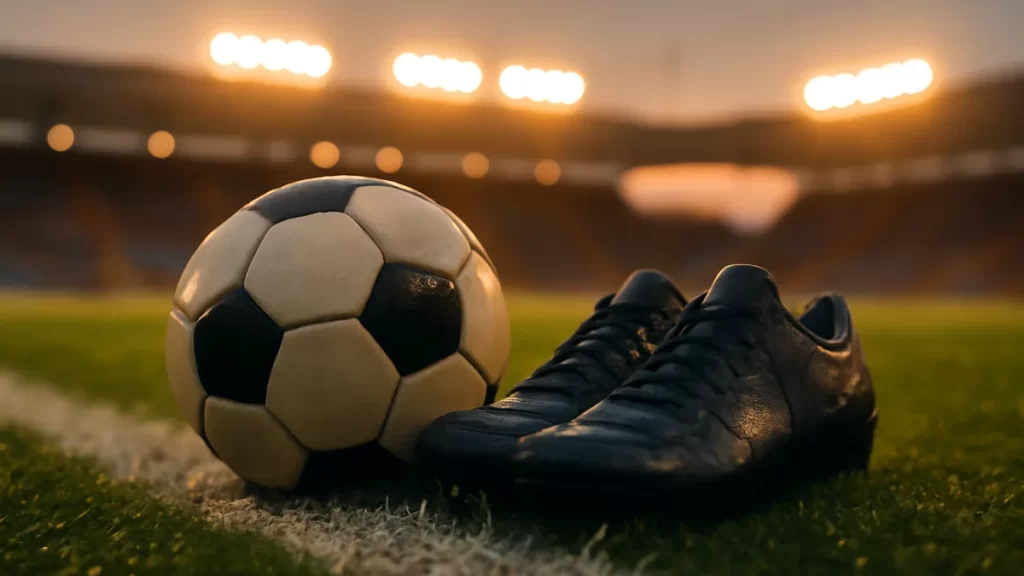 Balón y botas sobre césped mojado bajo focos de estadio vacío.