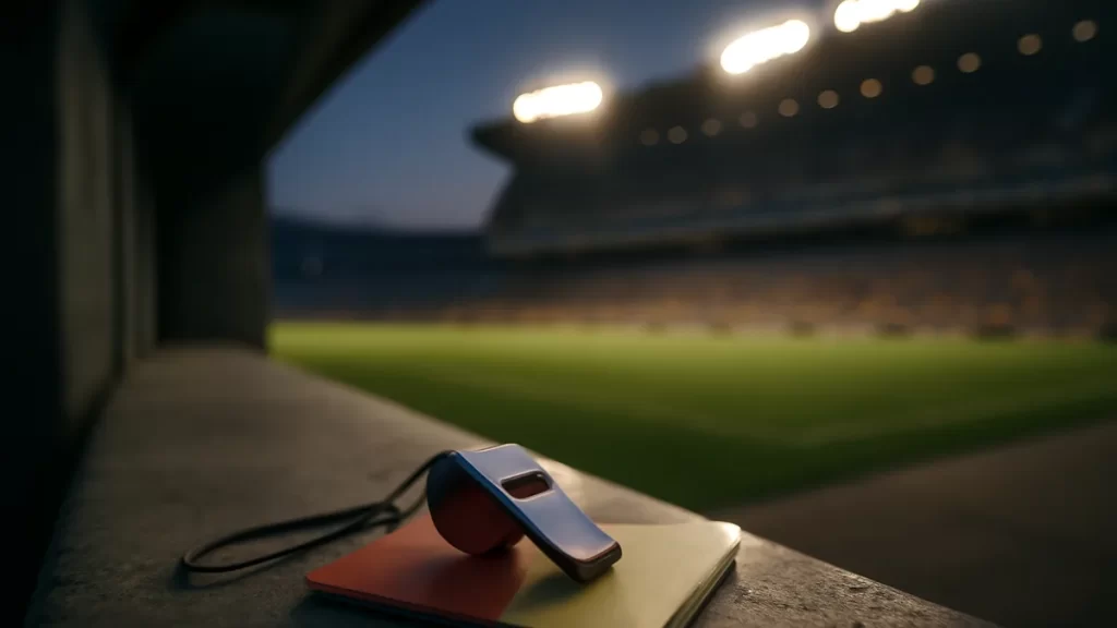 Silbato y libreta en banco de hormigón, estadio iluminado y gradas borrosas.