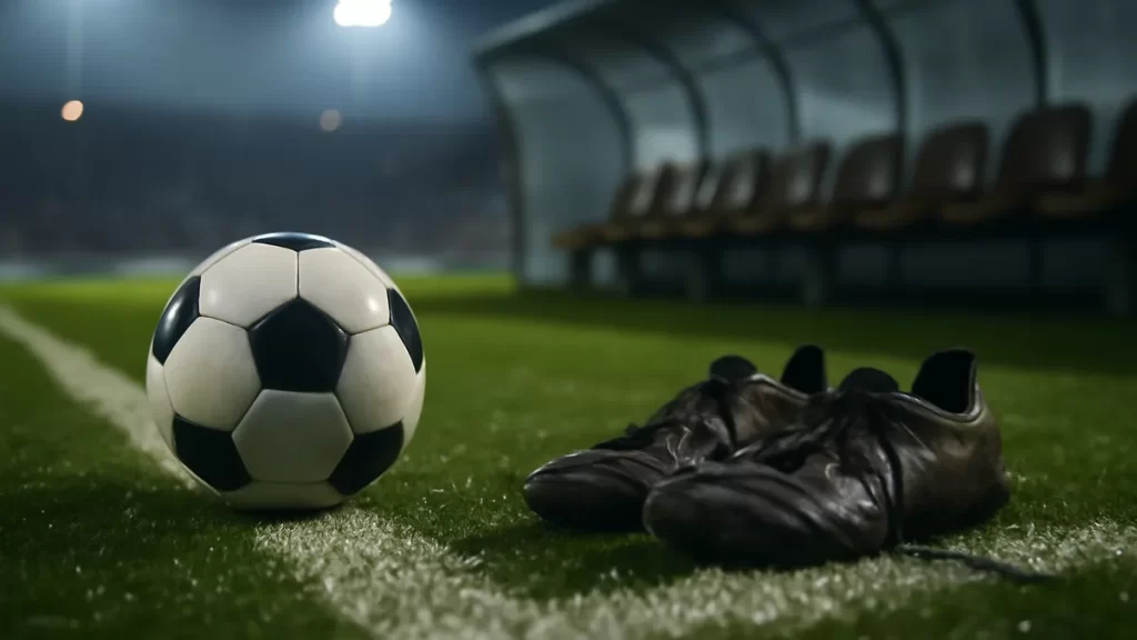 Balón y botas sobre la línea técnica, banquillo vacío, grada desenfocada.