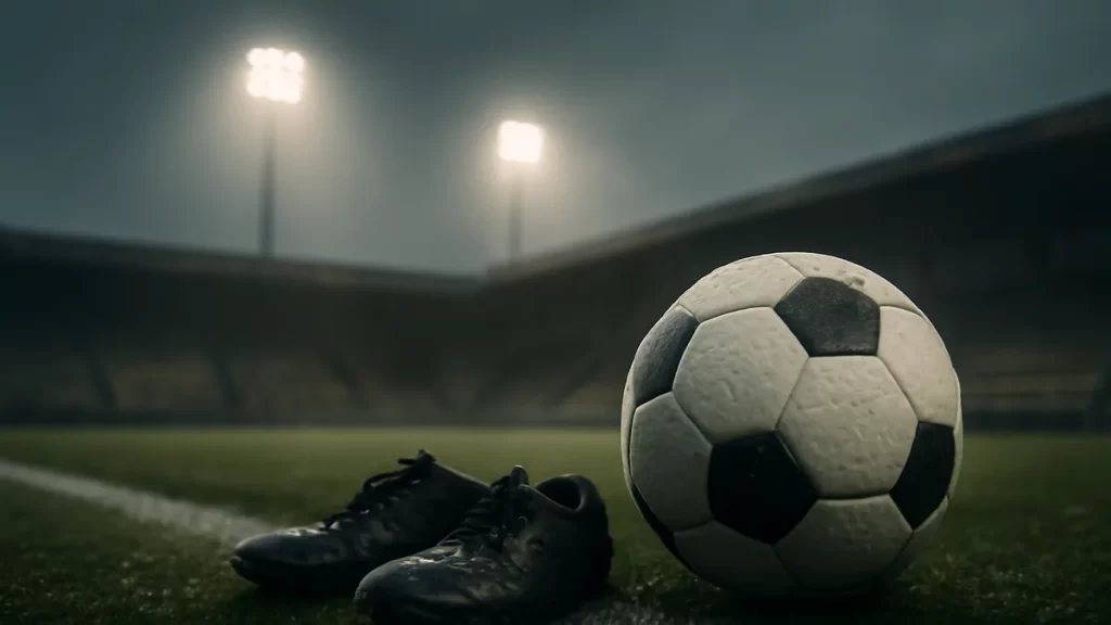 Balón húmedo junto a botas abandonadas en la banda de un estadio vacío.