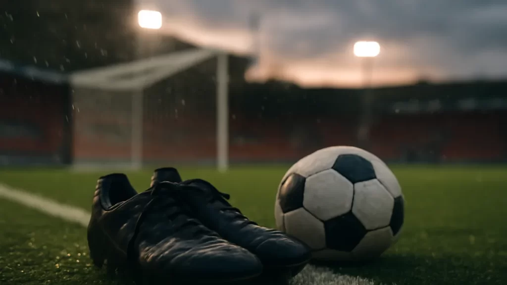 Botas y balón junto a la línea lateral de estadio vacío al atardecer