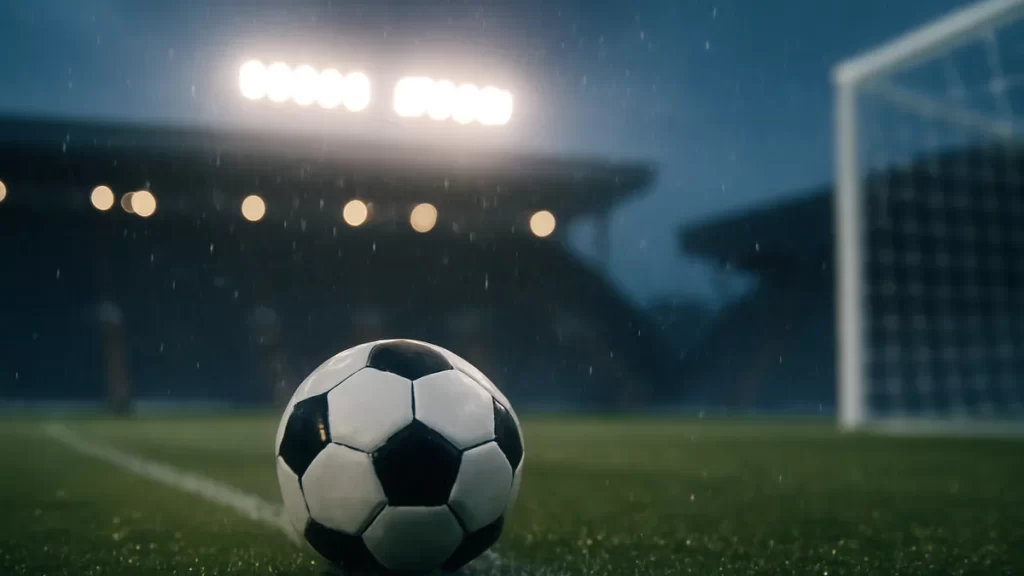 Balón en césped mojado, focos del estadio y gradas desenfocadas