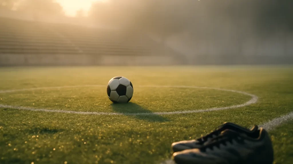 Balón en círculo central húmedo, botas desenfocadas, gradas vacías al amanecer