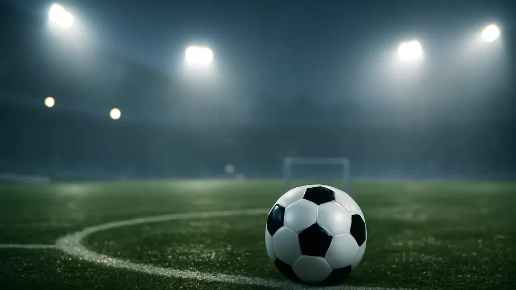 Balón en círculo central de estadio vacío bajo focos al anochecer