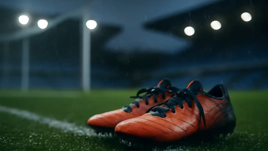 Botas de fútbol mojadas junto a la línea de gol bajo focos vacíos