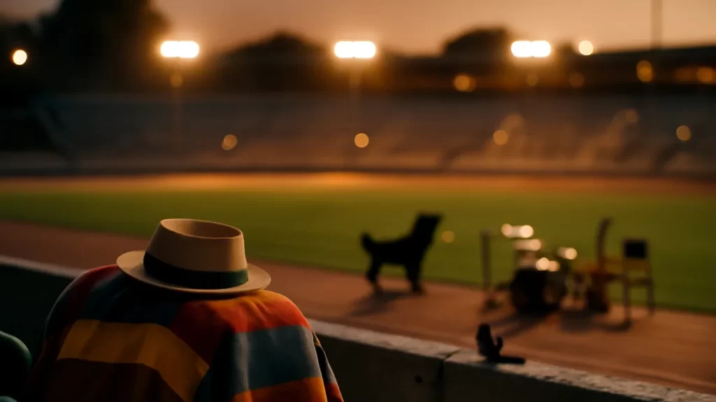 Pista central iluminada al atardecer, chaqueta colorida y perro en grada.