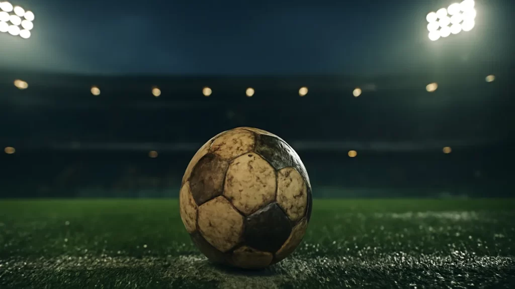 Balón en el centro del estadio vacío bajo focos al anochecer