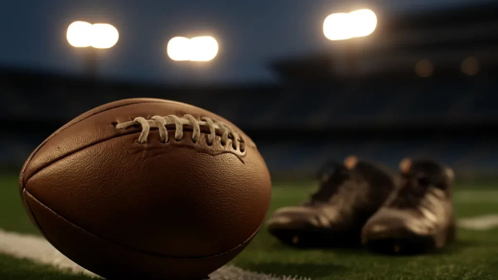 Balón de fútbol americano en césped, gradas vacías y focos al atardecer