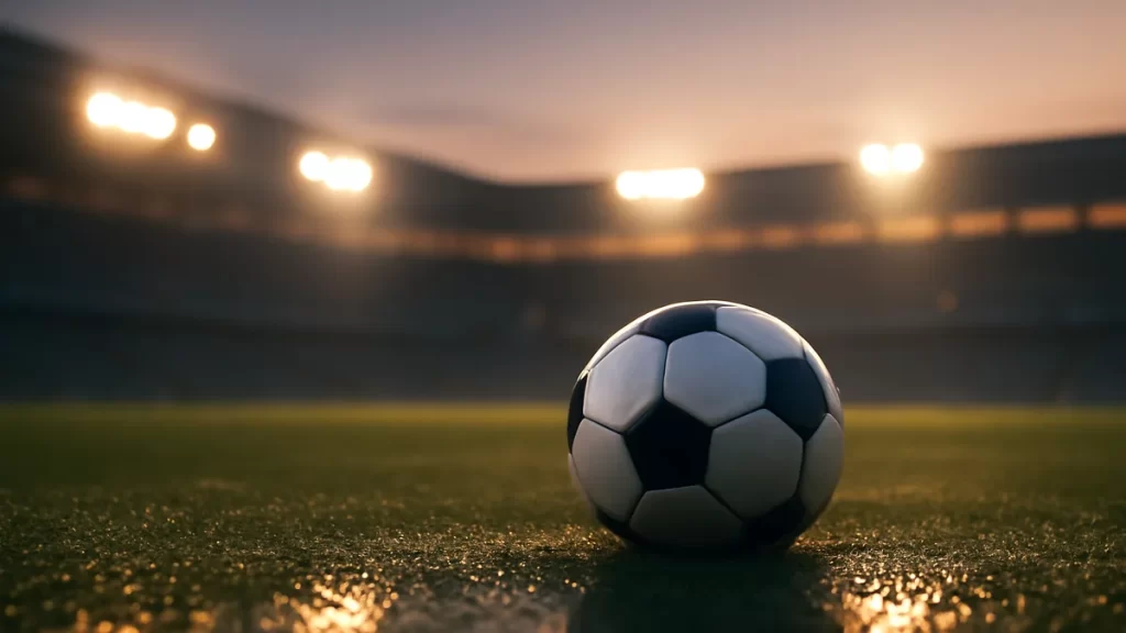 Pelota sobre césped húmedo, focos del estadio y gradas vacías