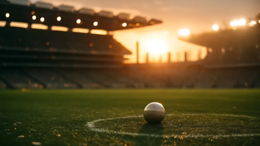 Balón solitario en césped húmedo bajo focos, gradas vacías al fondo