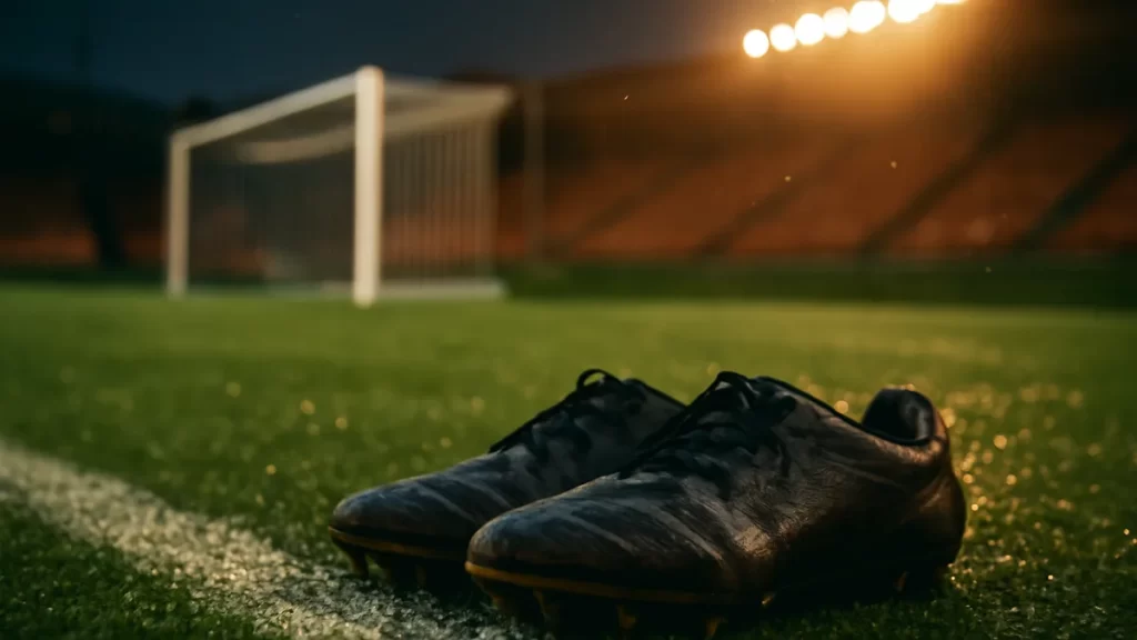Botas mojadas junto a la portería, césped brillante y gradas vacías.