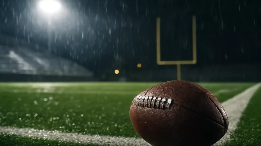 Balón de fútbol americano en la línea de banda bajo focos