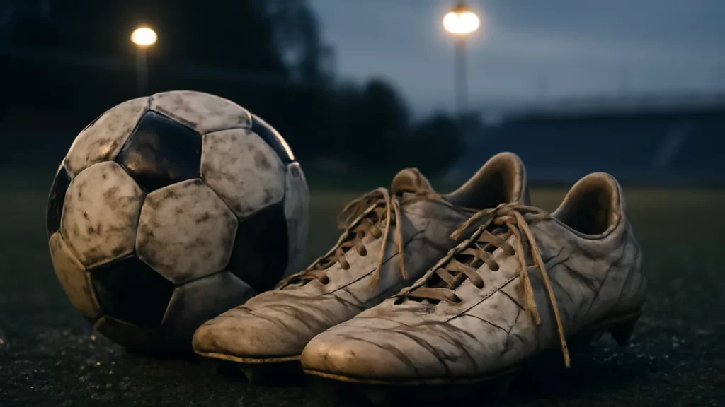 Worn football boots and scuffed ball on wet pitch under floodlights.