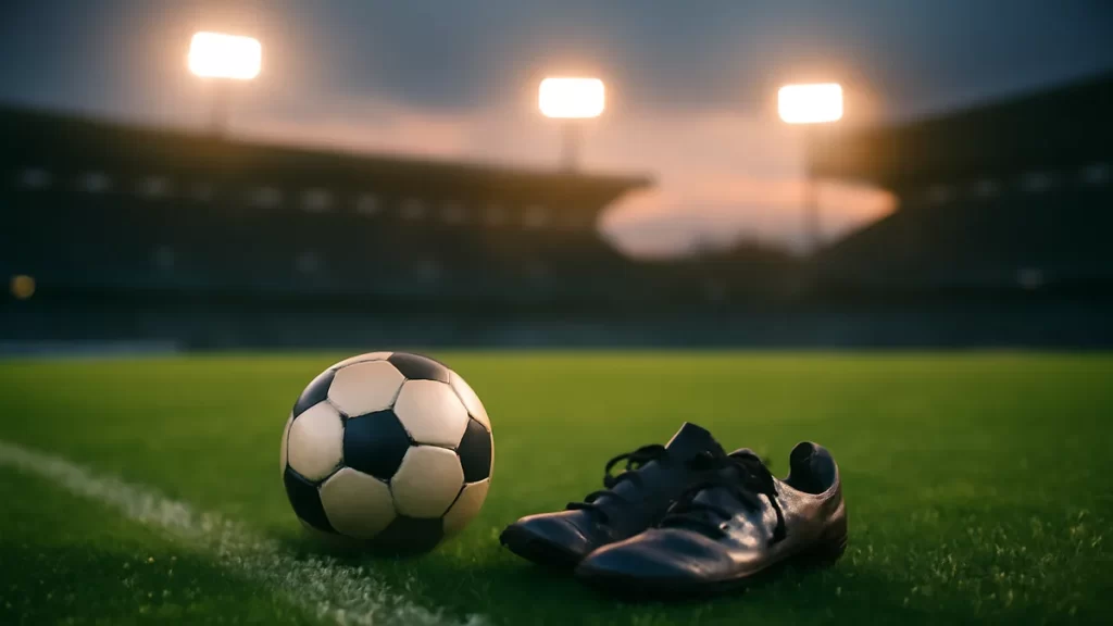 Empty stadium at dusk, ball and boots by the touchline, floodlights glowing