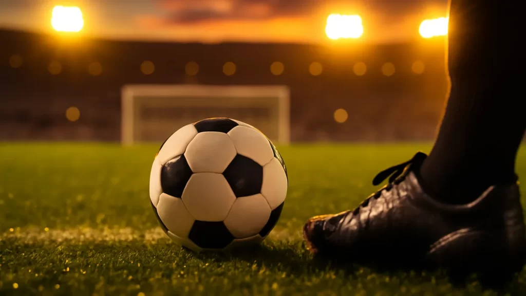 Balón en césped mojado, botas en primer plano, gradas iluminadas