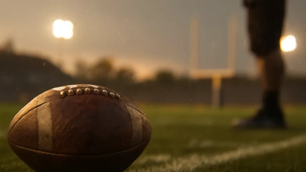 Balón de fútbol americano en césped húmedo bajo focos, gradas borrosas.