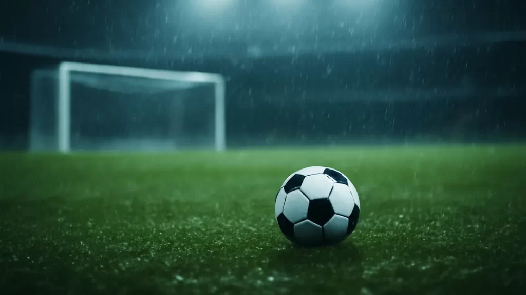 Balón en césped mojado, red desenfocada y gradas vacías.