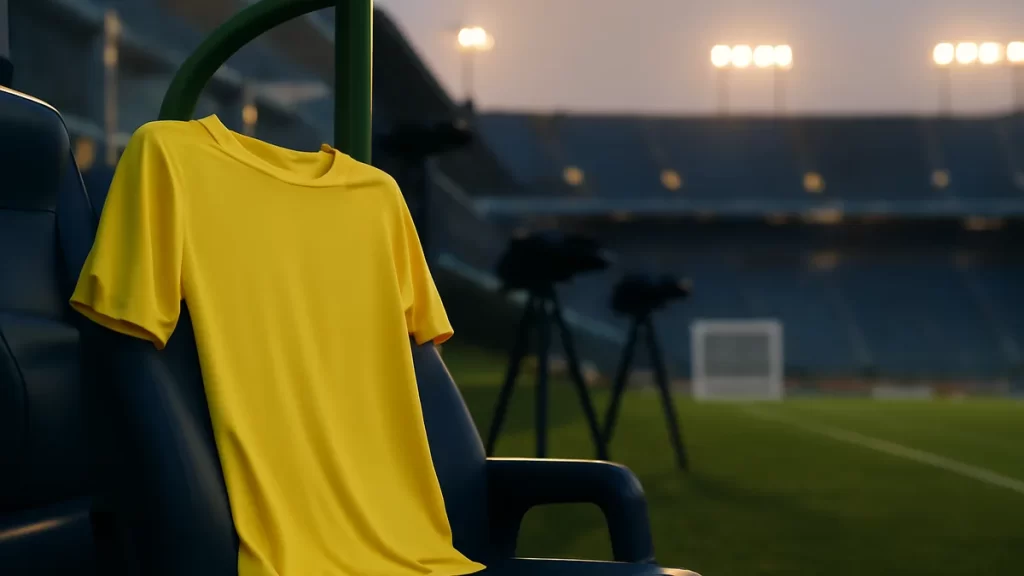 Camiseta en silla junto al banquillo, estadio vacío al atardecer