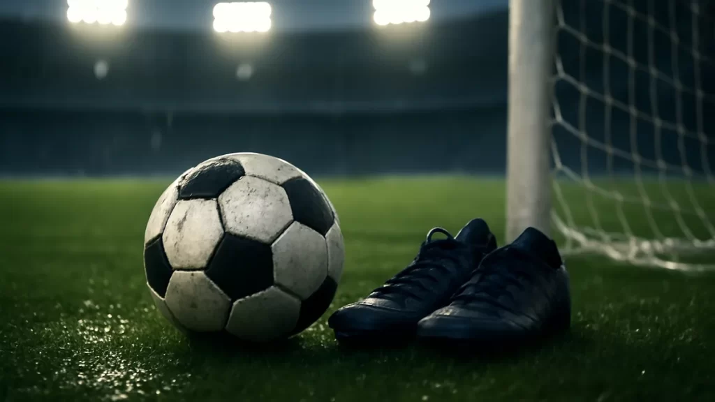 Balón y botas húmedas junto a la portería en estadio vacío.
