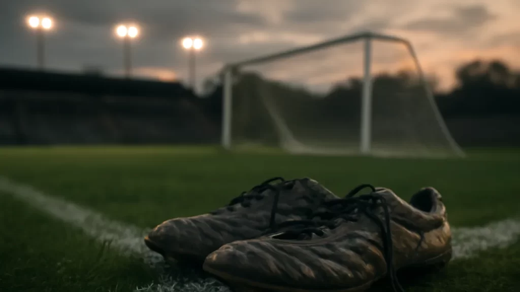 Botas de fútbol sobre césped húmedo, gradas vacías y focos al atardecer