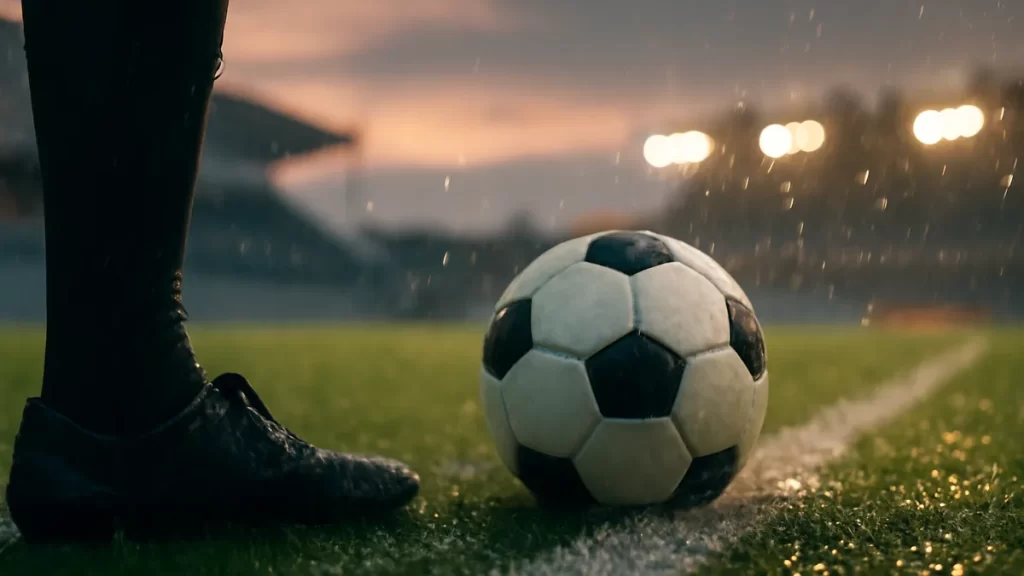 Balón en la banda, botas húmedas, luces del estadio al atardecer