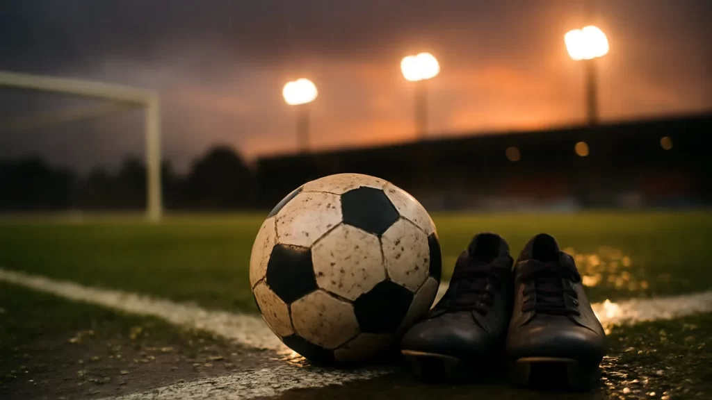 Balón y botas junto a la línea de banda en estadio vacío, lluvia