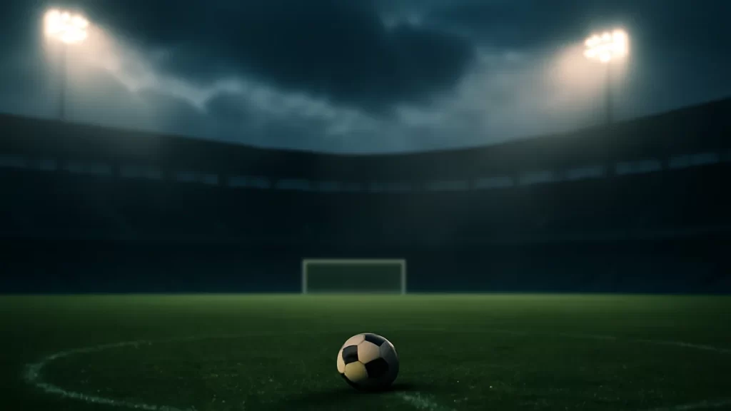 Estadio vacío al atardecer, balón en círculo central, focos encendidos