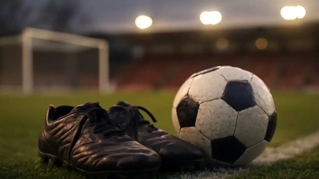 Botas y balón en banda de estadio húmedo al atardecer.