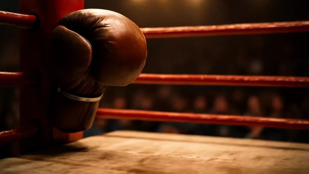 Primer plano esquina del ring con guante, tapiz marcado y público difuminado