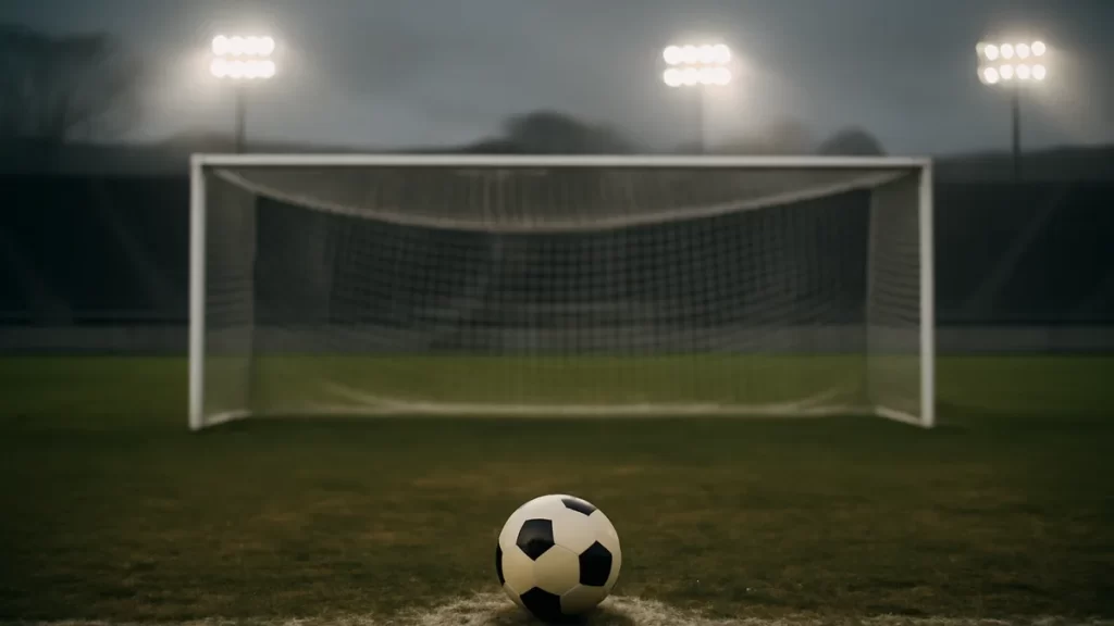 Balón en el punto de penalti, césped gastado y gradas vacías bajo focos