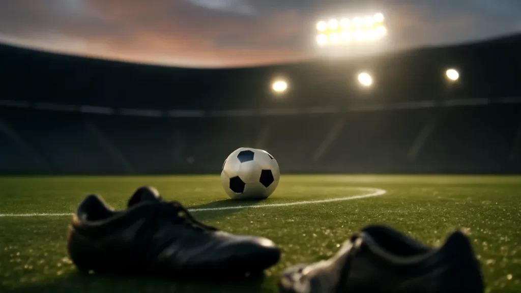 Balón en círculo central, botas y gradas vacías al atardecer
