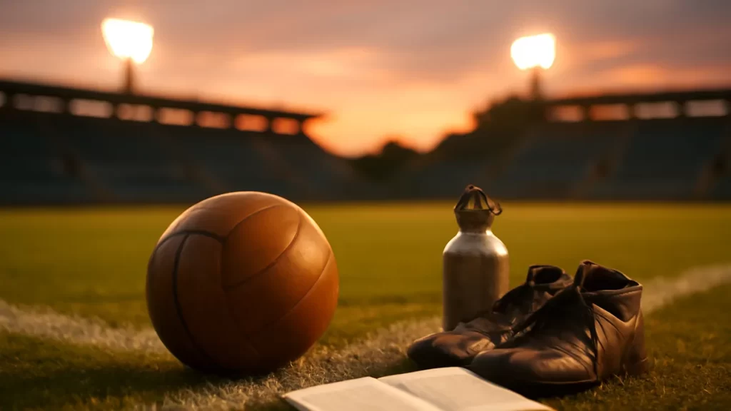 Balón y botas en la banda de un estadio vacío al atardecer