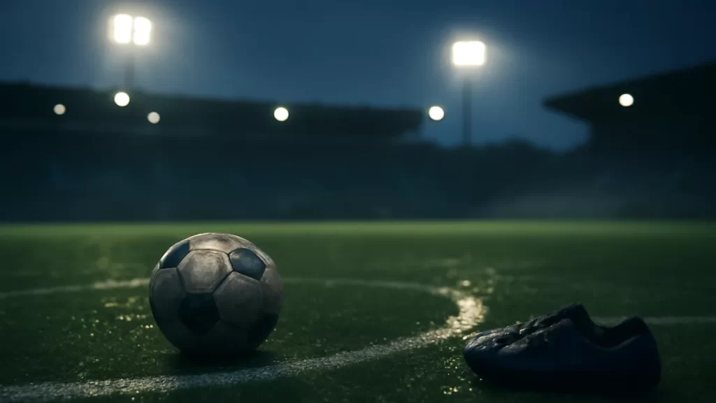 Scuffed soccer ball on wet center circle under stadium floodlights at dusk