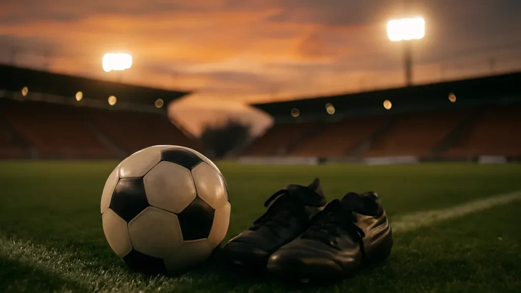 Balón y botas junto a la banda, tribunas vacías, focos encendidos
