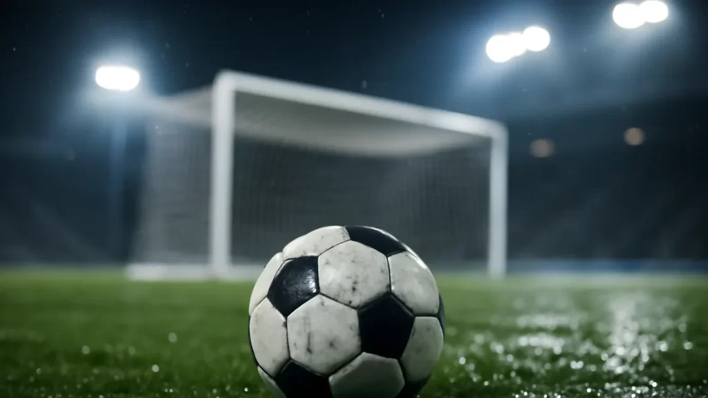 Balón sobre césped húmedo, portería desenfocada y focos del estadio