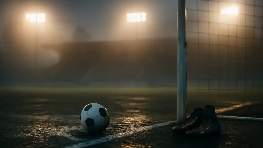 Rain-slick football on penalty spot under floodlights, empty stands blurred.