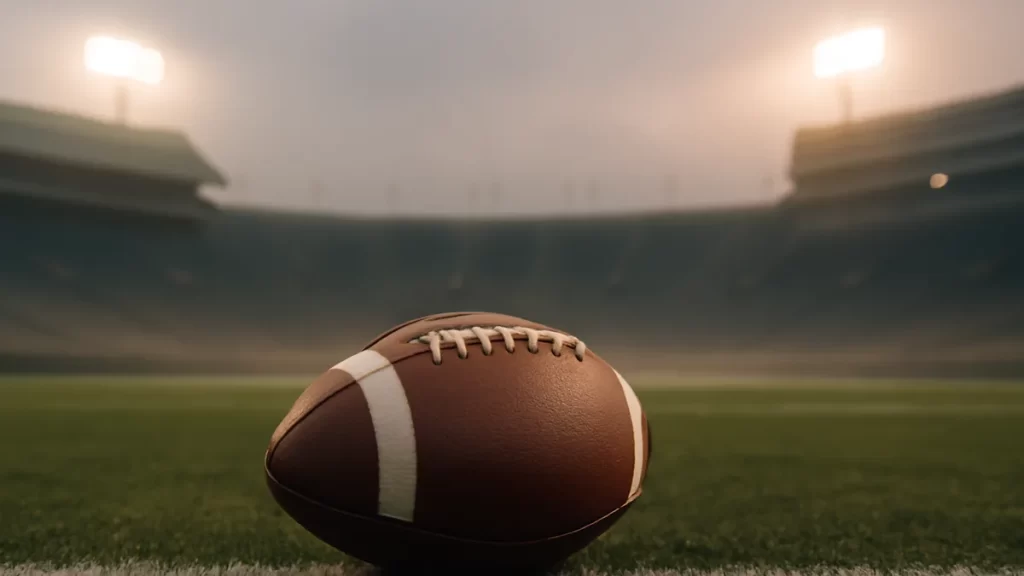 Balón sobre césped en estadio vacío al amanecer, focos encendidos