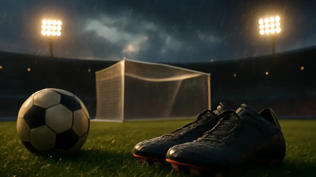Botas y balón sobre césped húmedo, portería y focos al atardecer