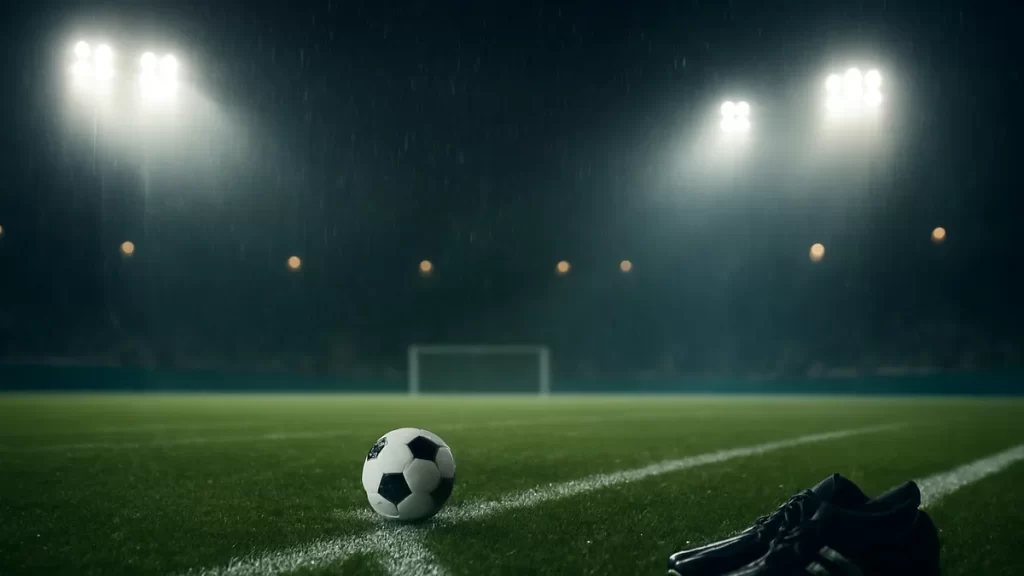 Campo de fútbol vacío, balón en el centro, focos y lluvia tenue.